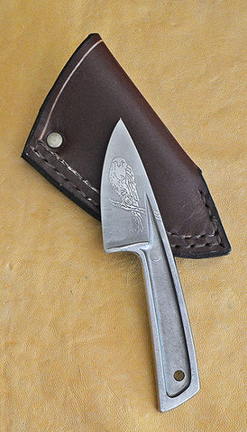 Boye Basic 1 with 'Seated Hawk' Etching and Leather Sheath with Clip for Belt, Boot or Pocket.