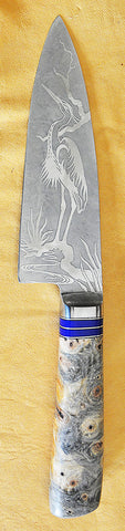 6 inch Chef's Knife with 'Heron' Etching and Buckeye Burl Handle.