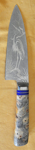6 inch Chef's Knife with 'Heron' Etching and Buckeye Burl Handle.