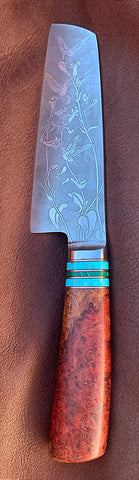 6 inch Chopper with 'Hummingbirds' Etching and Amboyna Burl Handle.