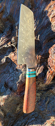 6 inch Chopper with 'Hummingbirds' Etching and Amboyna Burl Handle.