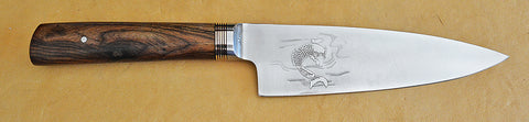 David Boye-made 6 inch Chef's Knife Boye-made with 'Koi' Etchings~front & back~and Cocobolo Handle.
