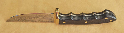 David Boye-made L6 Sawblade Steel 4" Hunter/Skinner with Standing Grizzly Custom Etching, circa 1977.