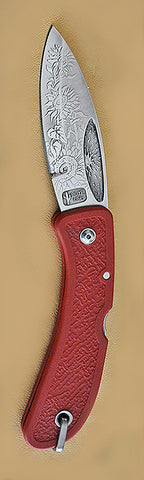 Boye Sunburst Lockback Folding Pocket Knife with 'Sunflowers' Etching and Red Zytel Handle.