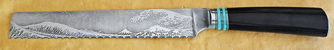 8 inch Bread Knife with 'Tsunami' Etching and African Blackwood Handle.