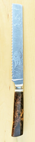 8 inch Bread Knife with 'Wolf' Etching and Exhibition Desert Ironwood Handle.