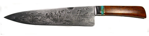 10 inch Chef's Knife with 'Dragonflies and Irises' Etching.