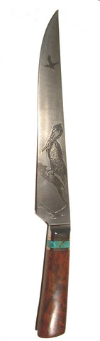 10 inch Carving Knife with 'Three Pelicans' Etching.