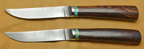 Steak Set for 2 with Plain Etched Blades and Turquoise/Desert Ironwood Burl Handles.