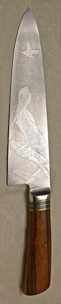 8 inch Chef's Knife with '3 Pelicans' Etching.
