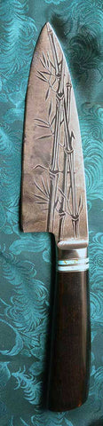 6 inch Chef's Knife with '3-Stalk Bamboo' Etching and African Blackwood Handle.