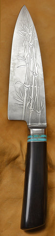6 inch Chef's Knife with '3-Stalk Bamboo' Etching and African Blackwood Handle.