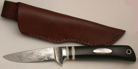 4 inch Dropped Point Hunter with 'Eagles' Etching and Personalized Etched Inlay.