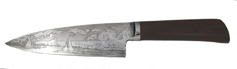6 inch Chef's Knife with 'Lighthouse with Sailboats' Etching and Desert Ironwood Handle - 2.