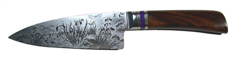 6 inch Chef's Knife with 'Dragonflies & Irises' Etching - 2.