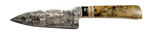 6 inch Chef's Knife with 'Elephants' Etching with Buckeye Burl Handle.