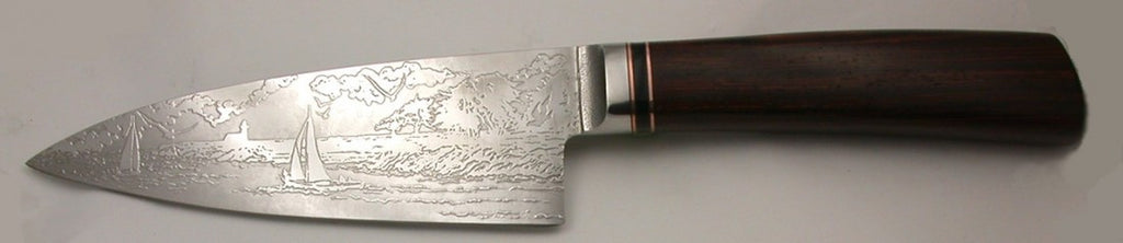 6 inch Chef's Knife with 'Lighthouse with Sailboats' Etching and Cocobolo Handle.