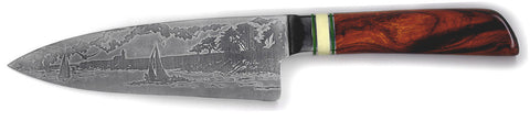 6 inch Chef's Knife with 'Lighthouse with Sailboats' Etching and Desert Ironwood Handle.