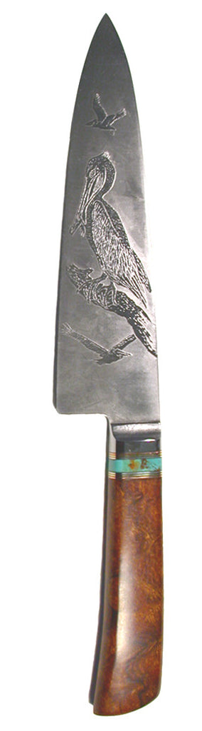 8 inch Chef's Knife with 'Three Pelicans' Etching.