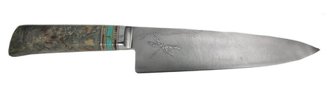 8 inch Chef's Knife with 'Dragonflies and Irises' Etching.