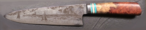 8 inch Chef's Knife with 'Lighthouse with Sailboats' Etching, Amboyna Burl Handle.