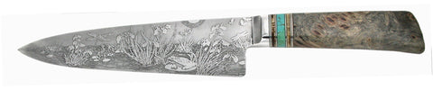 8 inch Chef's Knife with 'Dragonflies and Irises' Etching.