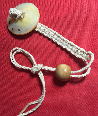 3 inch Natural Hemp Macrame Lanyard & Antique Carved Mother of Pearl Antique Button with 5 Steel Inserts