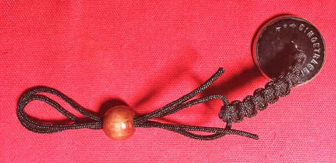 Black Nylon Macrame Lanyard & Antique Brass Button Stamped with Heron Feeding Fish to 2 Young at Nest