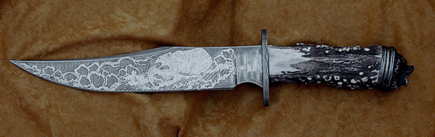10 inch Damascus Bowie by Don Norris with 'Grizzly' Etching.