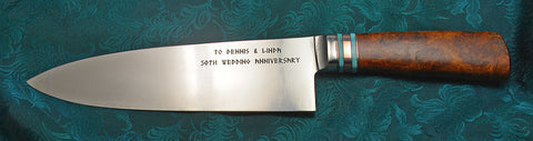 8 inch Chef's Knife with Dendritic Cobalt Blade, Laser Etched Inscription, and Desert Ironwood Burl Handle.