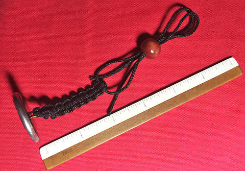 Black Nylon Macrame Lanyard & Antique Brass Button Stamped with Heron Feeding Fish to 2 Young at Nest