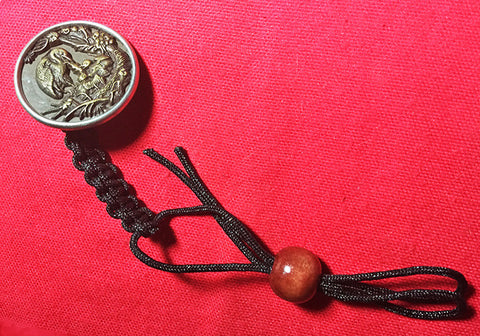Black Nylon Macrame Lanyard & Antique Brass Button Stamped with Heron Feeding Fish to 2 Young at Nest