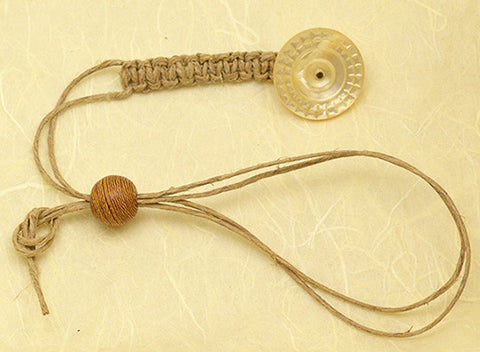 Natural Waxed Hemp Macrame Lanyard with Antique Mother of Pearl Carved Wheel Design Button.