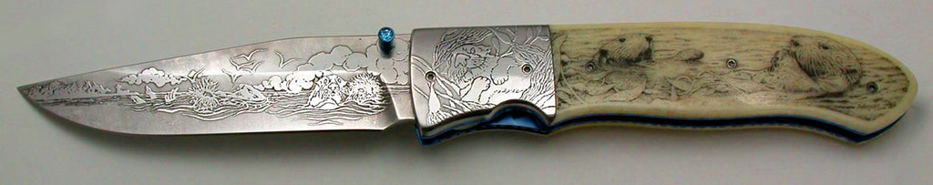 3.75 inch Locking Liner Folder by Don Maxwell with 'Sea Otters' Etchings and Bob Hergert Scrim.