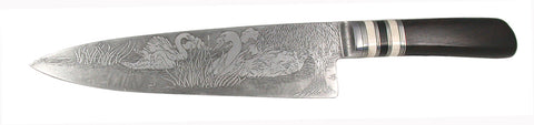 8 inch Chef's Knife with 'Swans' Etching and African Blackwood Handle.