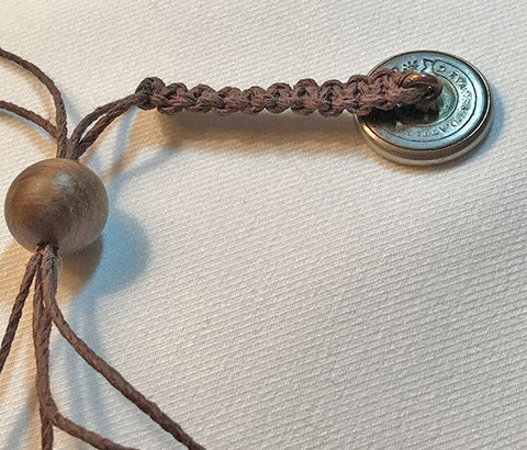 Brown Waxed Hemp Macrame Lanyard with Antique Mother of Pearl and Brass Button.