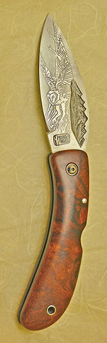 Boye Custom Mountains Lockback Folding Pocket Knife with 'Barn Owl in Flight' Etching.