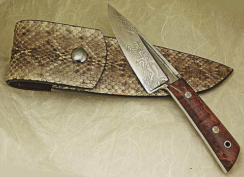 Boye Basic 3 with 'Barn Owl in Flight' Etching and Burled Desert Ironwood Handle.