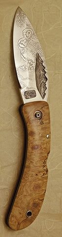 Boye Custom Mountains Lockback Folding Pocket Knife with 2 'Barn Owl' Etchings.