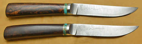 Steak Set for 2 with Plain Etched Blades and Turquoise/Desert Ironwood Burl Handles.