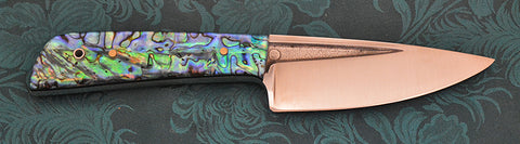 Boye Old Style Basic 3 Cobalt with Abalone Artstone Handle, Humpback Laser Etching, and Abalone Inlaid Sheath.