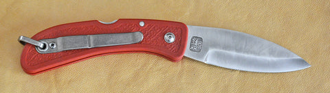 Boye Basketweave Lockback Folding Pocket Knife with 'Basketweave' Etching and Red Zytel Handle.