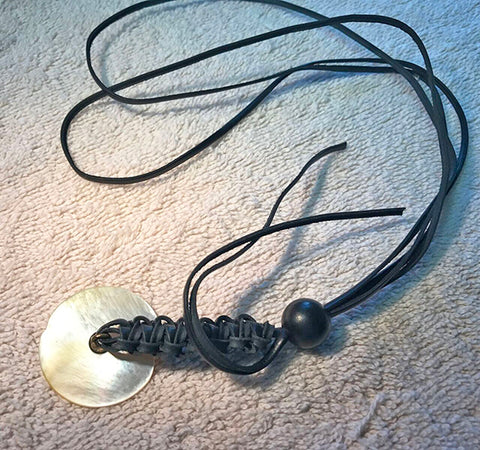 Black Leather Lace Macrame Lanyard with White Carved Mother of Pearl.