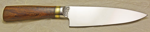6 inch Chef's Knife with Original Dendritic Cobalt Blade, Cast Dendritic Pattern and Desert Ironwood Handle.