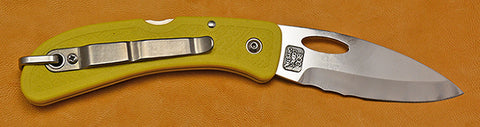 Boye Cobalt Open Thumb Hole Lockback Folding Pocket Knife with Yellow Handle, Serrations, & Marlin Spike.