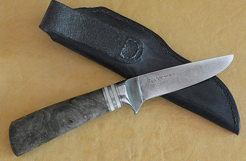 4 inch Dropped Point Hunter with 'Celtic Horse' Etching and Buckeye Burl Handle.