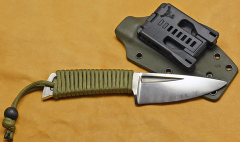 Boye Basic 3 Cobalt with Green Cord-Wrapped Handle, Olive Drab Kydex Sheath & Tek Lok.