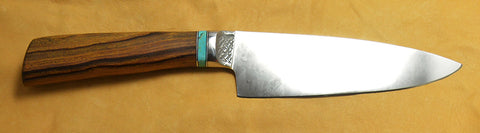 6 inch Chef's Knife with Original Dendritic Cobalt Blade, Cast Dendritic Pattern, and Turquoise/Desert Ironwood Handle.