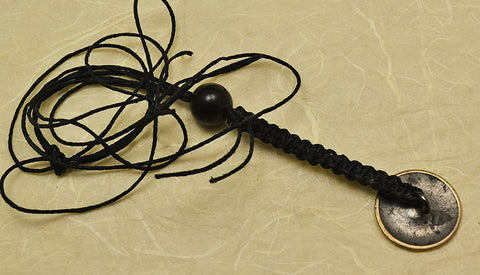 Black Waxed Hemp Macrame Lanyard with Colonial Brass Engine Turned Design and Lead Filled Back.