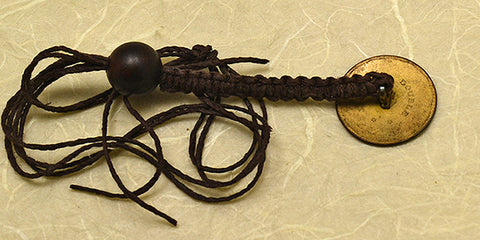 Brown Waxed Hemp Macrame Lanyard with Early 19th Century Double Gilt Copper Button with Basketweave Pattern.